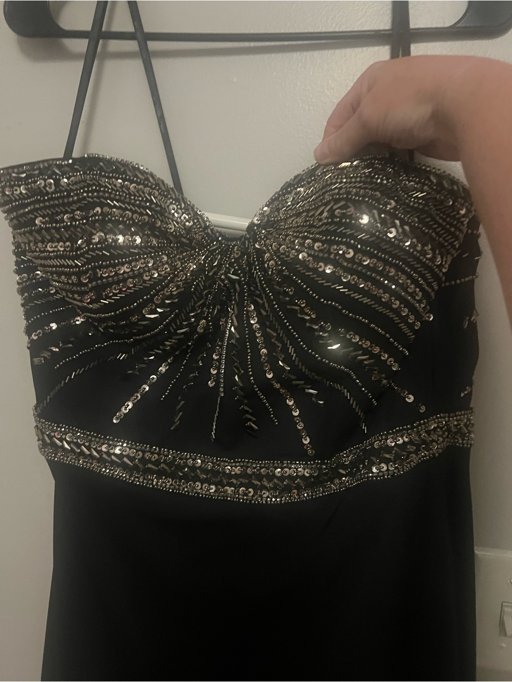 Strapless Black Evening Dress with Gold Sequin Embellishment